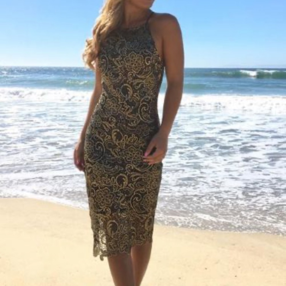 Black & Gold Crochet Midi Dress